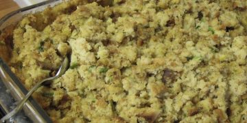 Step-by-step image guide on making herb-infused cornbread dressing, showcasing the golden-baked cornbread, fresh herbs, and the final delicious dressing ready to be served.